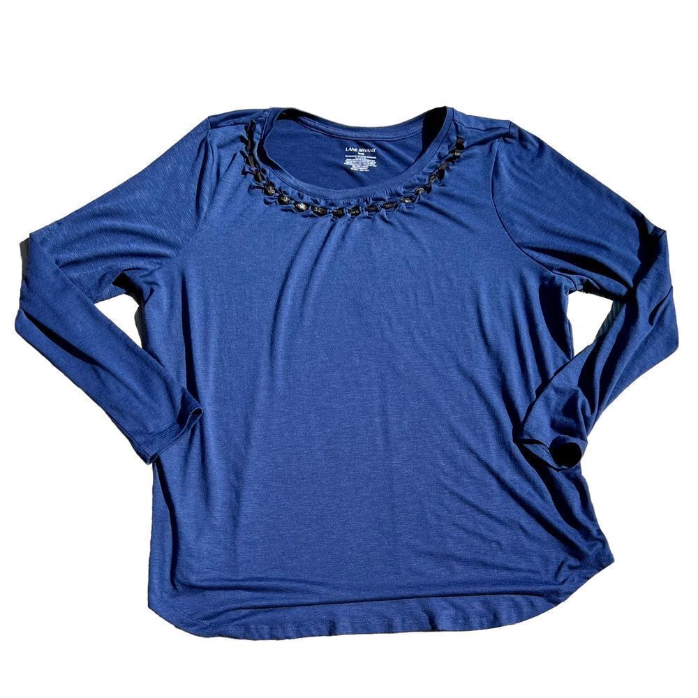 LANE BRYANT Blue Blouse W/Ribbon Neckline Size 18/20